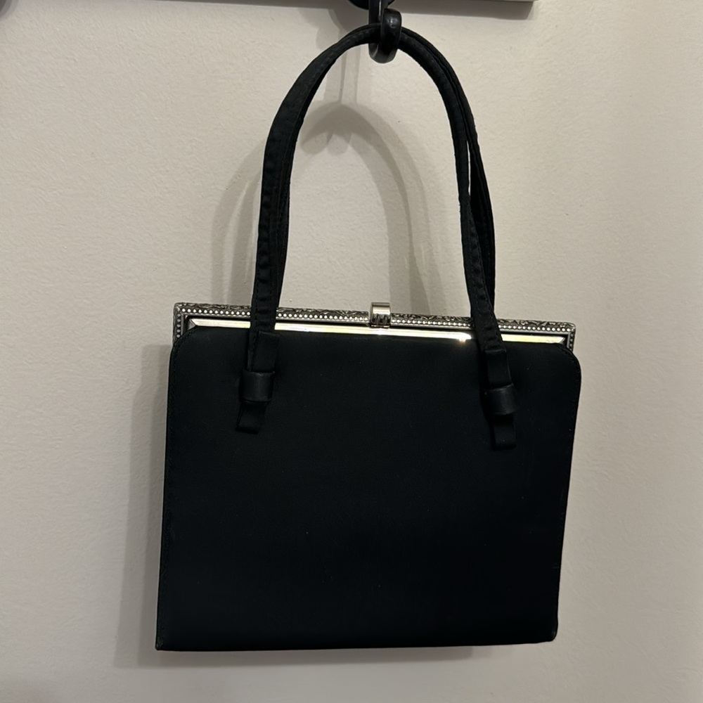 After Five Vintage Purse Black Double Handles Floral Silvertone Frame